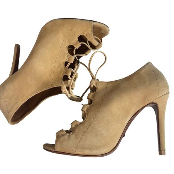 Schutz Women's Tan Nubuck Leather Lace Up Peep Toe Stiletto Bootie Shoes Size 7 - Picture 3 of 10